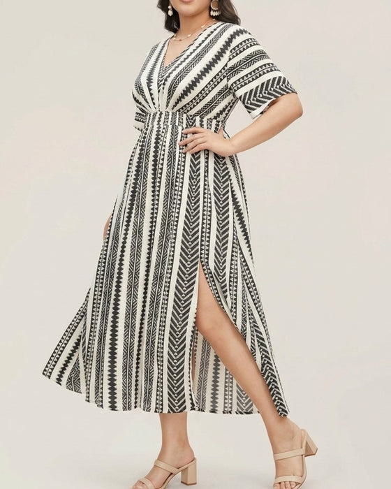Kjole Dyp V Blå Hvit Geometrisk Stripe Midje