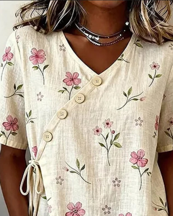 Bluse Småblomstret Diagonal Knyt Foran