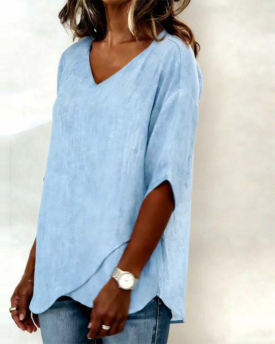 Topp Uregelmessig Kant Ensfarget V-Hals