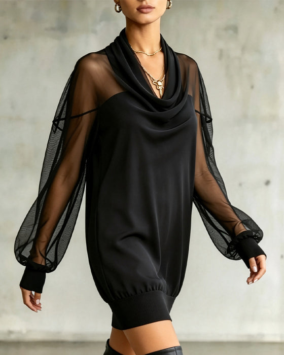 Kjole Cowl Neck Lang Erme Mesh