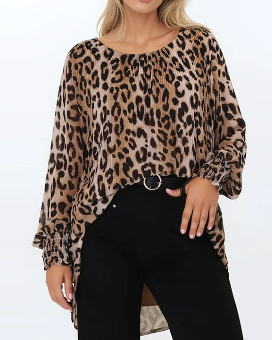Bluse Rund Hals Leopard Uregelmessig Lanterne Erme