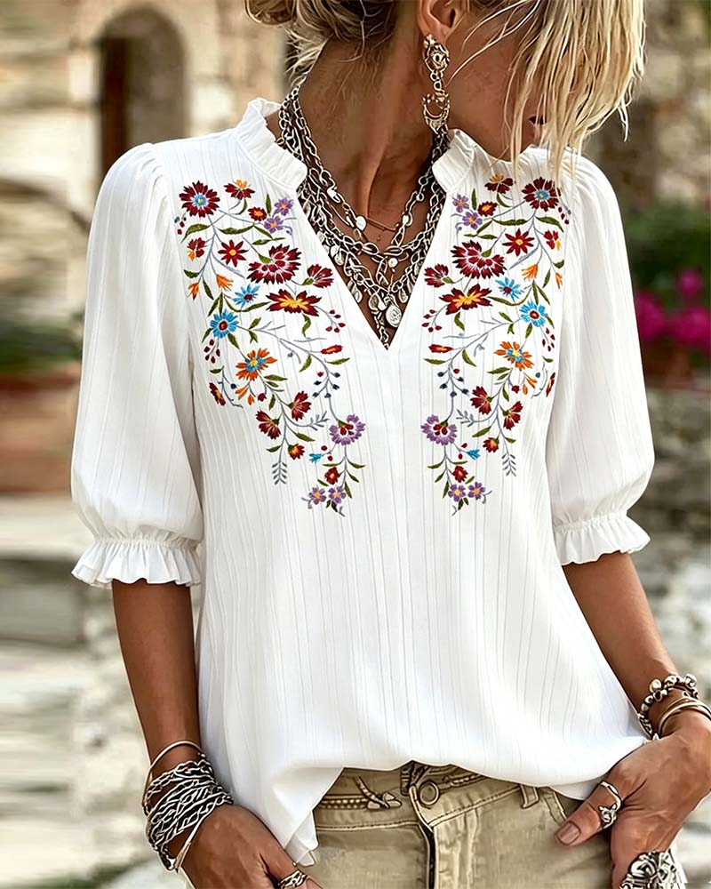 Bluse Ruffle Trim Trykk Casual