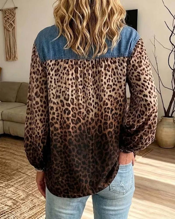 Topp Denim Patchwork Leopardmønster Langermet