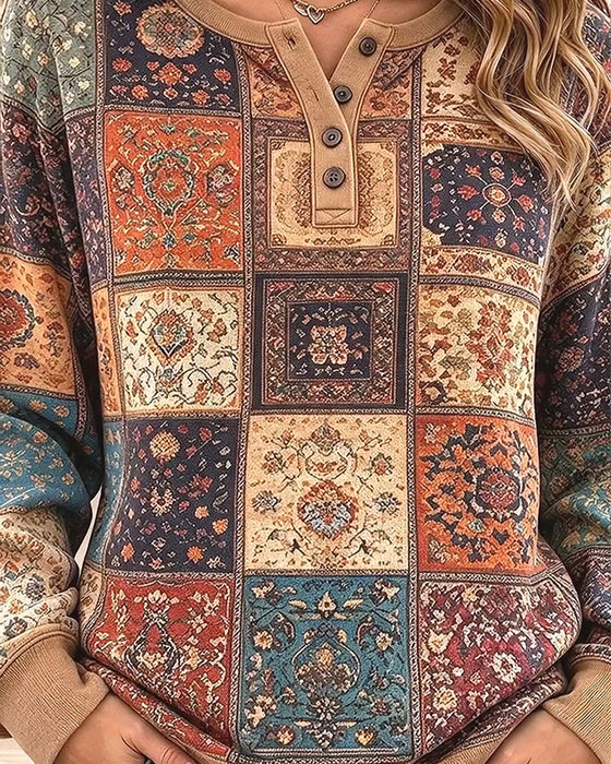 Sweatshirt Rund Hals Knappet Rutemønster Kontrast