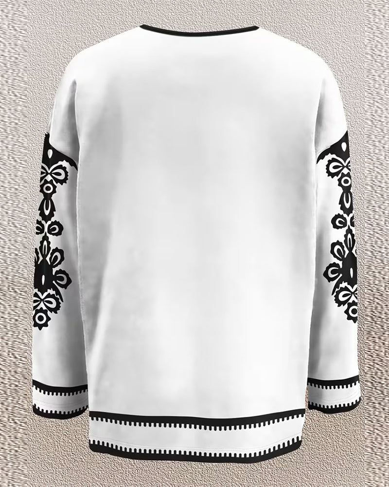 Fargeblokkert V-hals Mønstret Langermet Topp