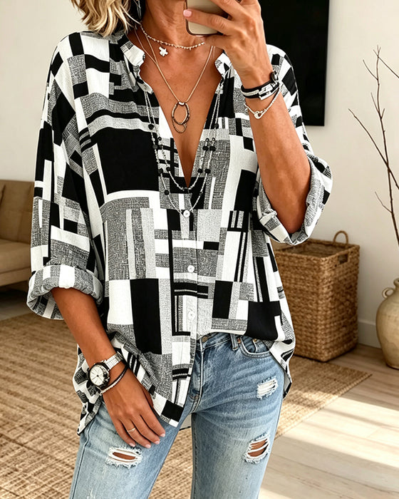 Bluse Geometrisk Trykk V-Hals Avslappet