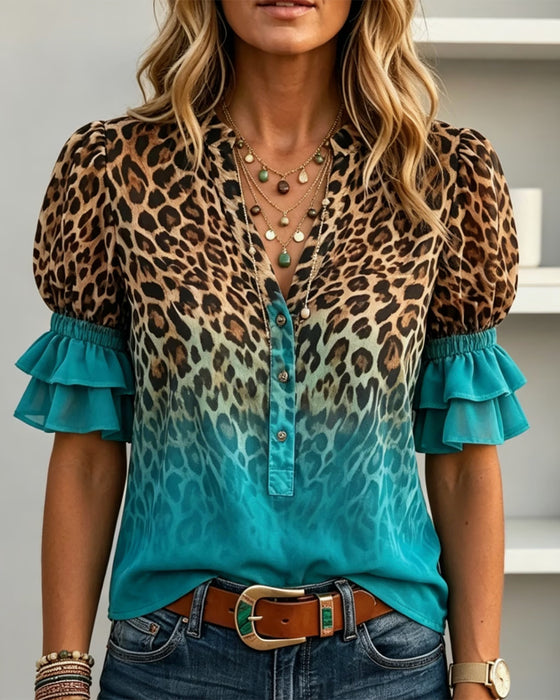 Leopardmønstret V-Hals Gradient Rysje Bluse