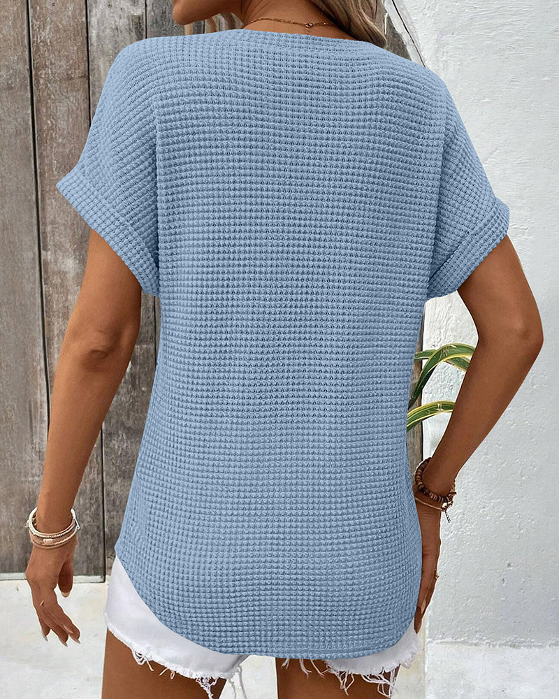 T-Skjorte Dame Vaffelstrikk V-hals Uformell Sommer