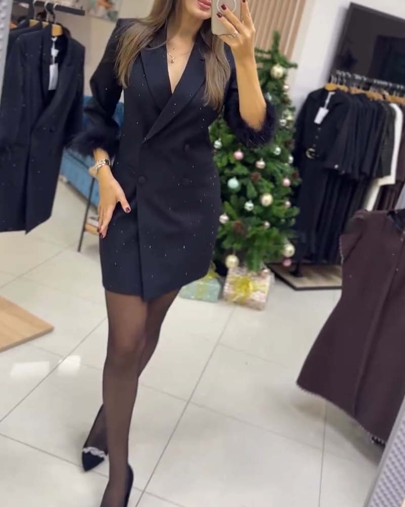 Skjørt Strutsefjær Forgyldte Krystaller Dobbelknapping Jakke