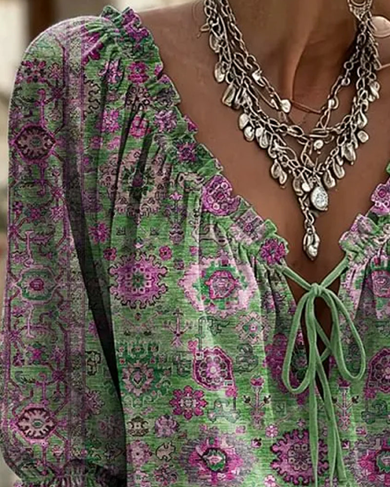 Bluse V-Hals Knyting Vintage Trykk