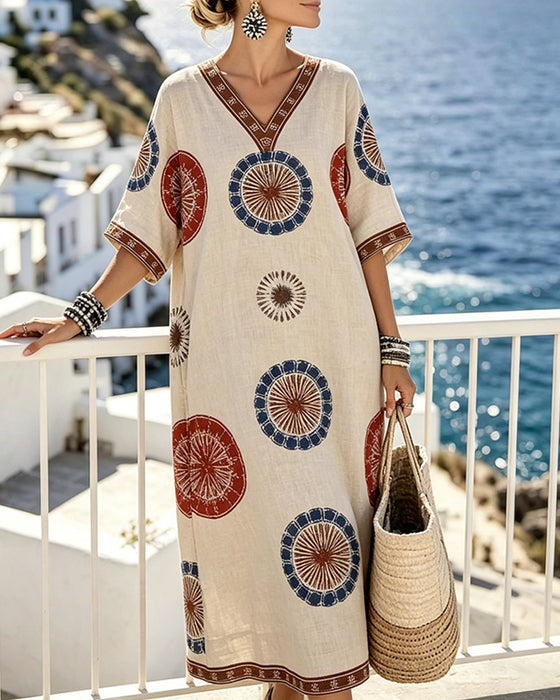 Kjole V-Hals Retro Sirkel Trykk Maxi