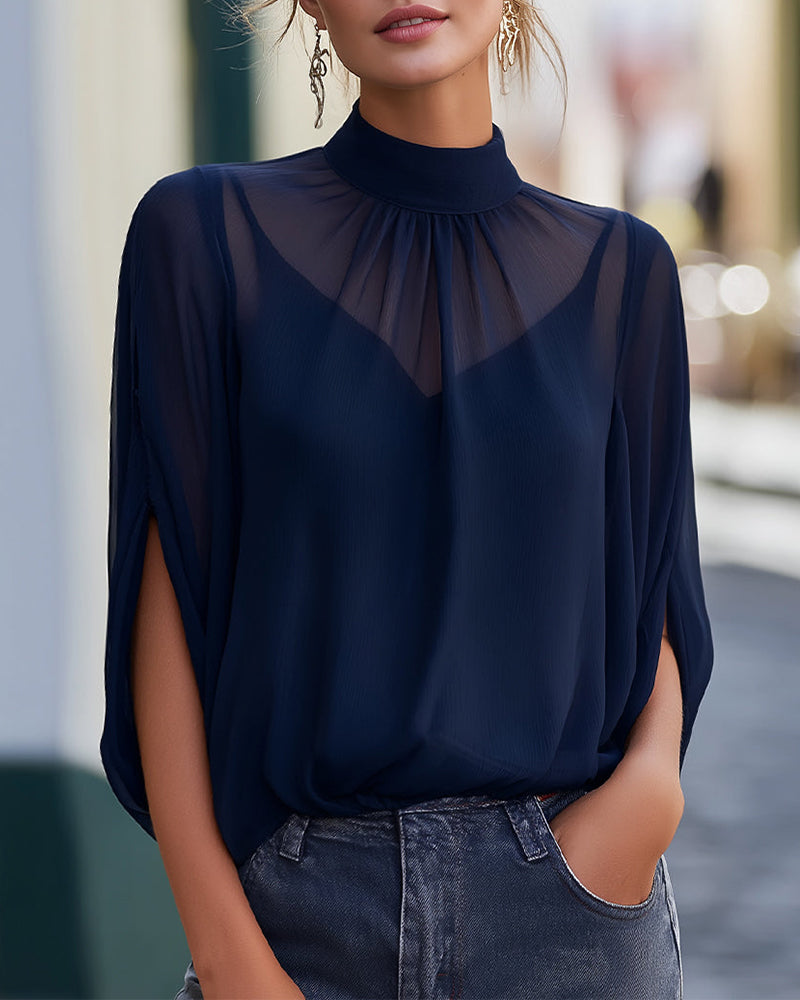 Bluse Elegant Semi-høy Hals Sheer