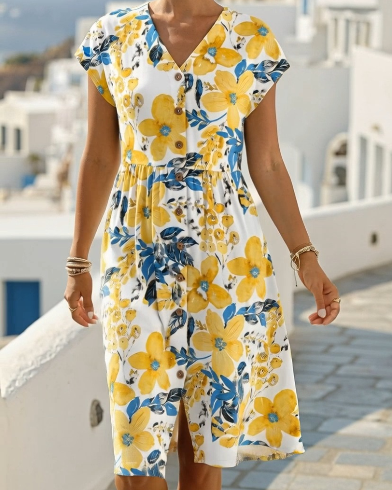 Kjole Blomstertrykk V-Hals Kort Erme