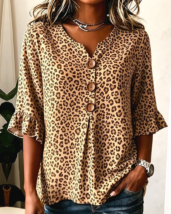 Bluse Treknapp Leopardtrykk Rysj