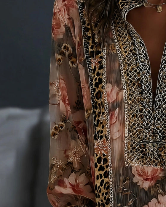 Bluse Blomstret Leopard Langermet