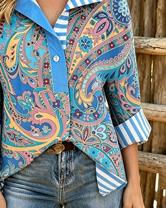 Bluse Patchwork Blomstrende Trykk Casual