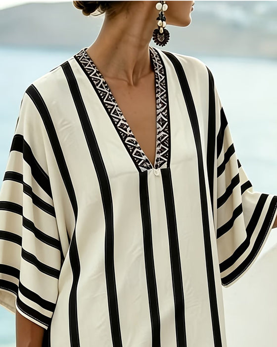 Kjole Fargeblokk Svart Vertikal Stripe V-Hals
