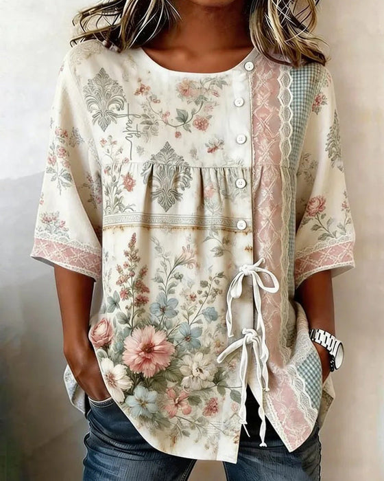 Bluse Retro Blomstermønster Avslappet