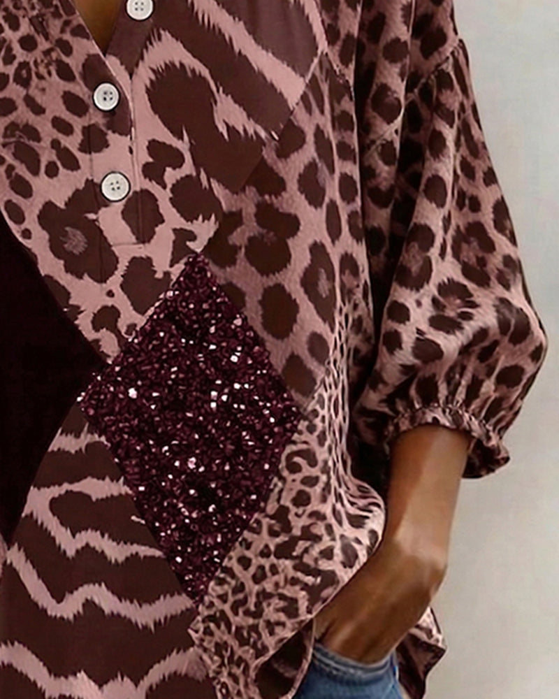 Bluse Firkantet Hals Leopardmønster Lappeteppe Paljett