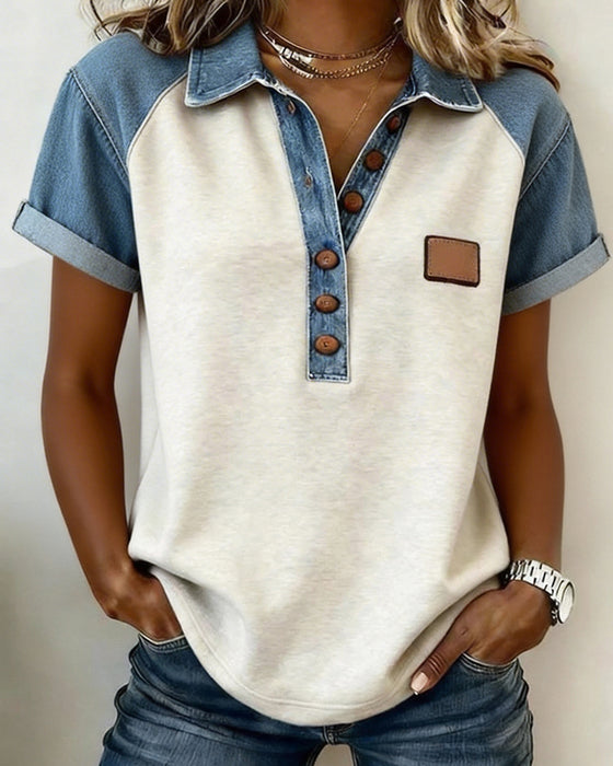 T-Skjorte Denim Farge Blokk Kort Erme