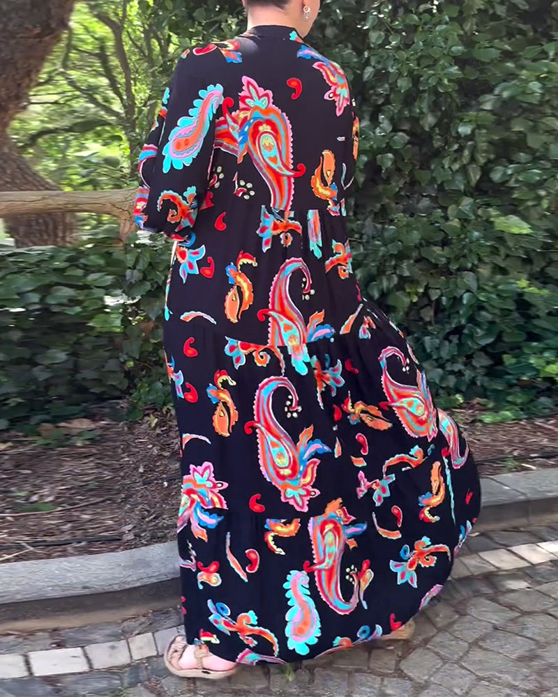 Vintage printet kjole med lange ermer og patchwork