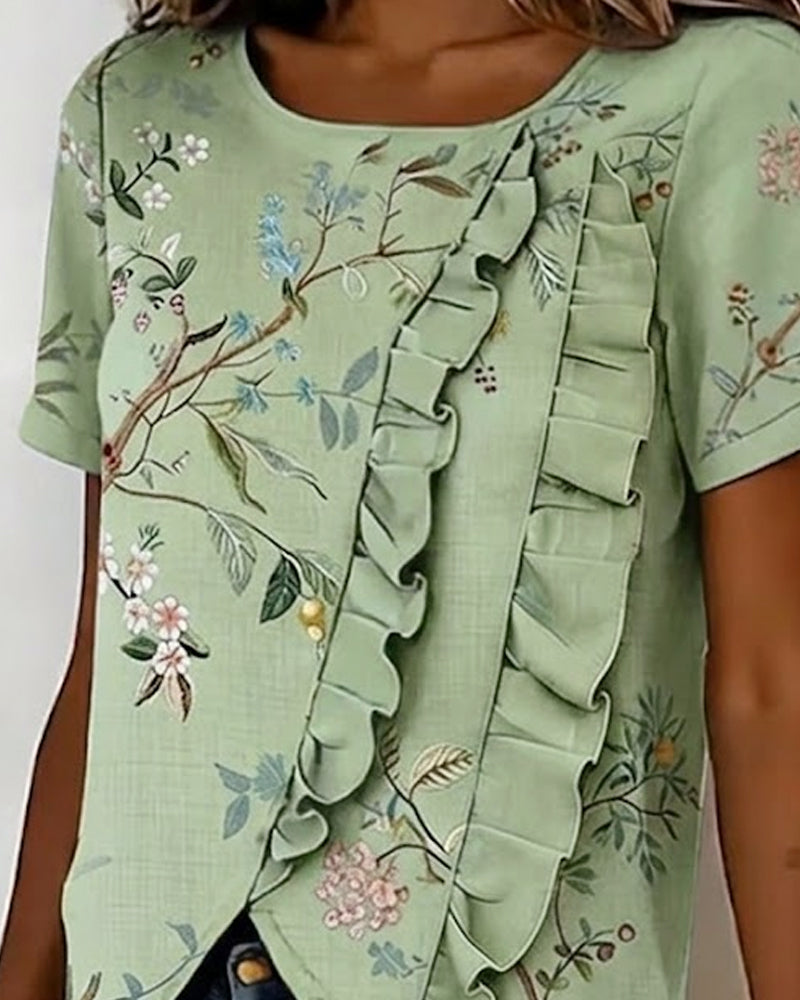 Bluse Rundhalset Kortsermet Rysje Blomstret