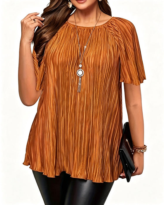 T-Skjorte Plus Size Solid Plissert Kort Erme