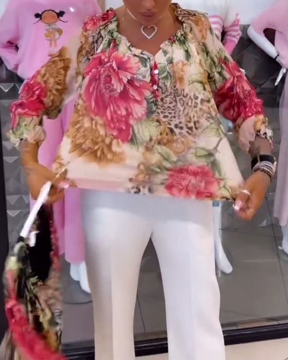 Bluse Med V-Hals Blomstertrykk