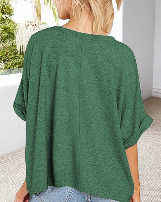 T-Skjorte V-Utringning Rullet Kant Korteermet Løs