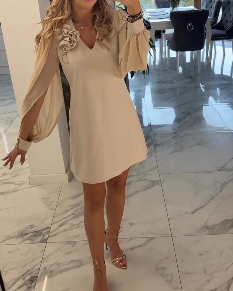 Kjole Tredimensjonal Blomst V-hals Lykt Erm