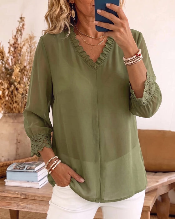 Bluse V-Hals Ruffle Blonder Patchwork