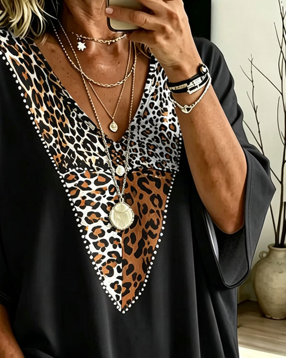 T-Shirt Løs Flaggermus Erme V-Hals Leopard Trykk