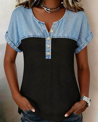Bluse Denim Patchwork Kort Erme