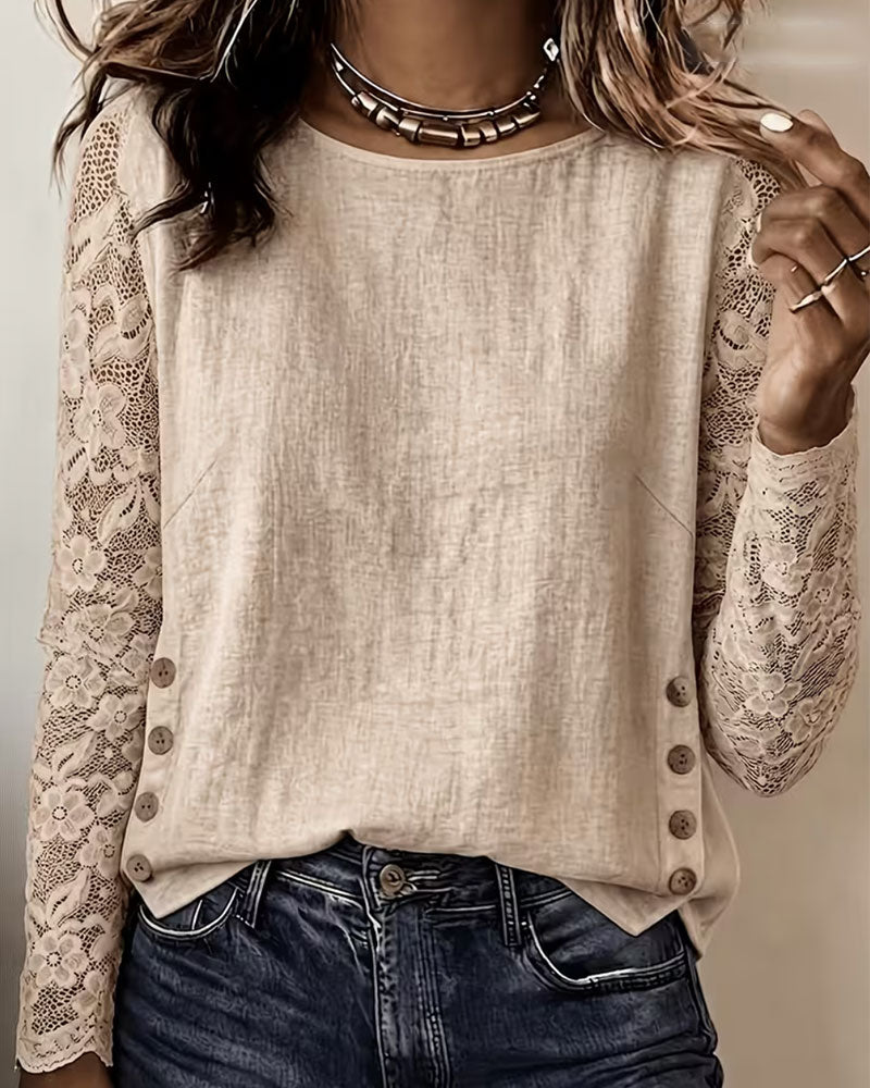 Bluse Rund Hals Knappet Knipling Patchwork Langermet