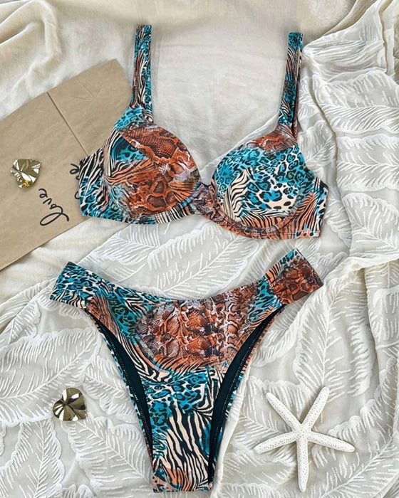 Bikini Leopard Trykk Fargeblokk Stroppet