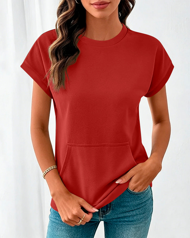 Bluse Forlomme Ensfarget Rund Hals