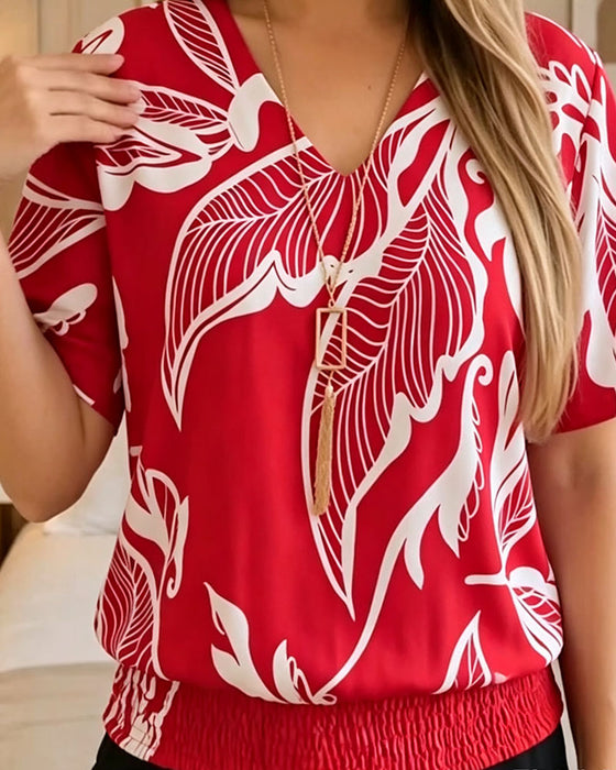 Bluse Blomstertrykk Strikk Kant Kortermet