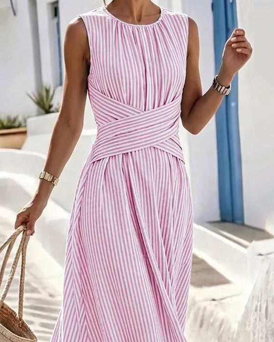 Kjole Stripe Twist Midje Ermeløs Lang
