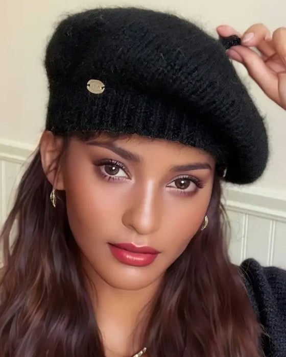 Dame Ensfarget Strikket Beret Lue