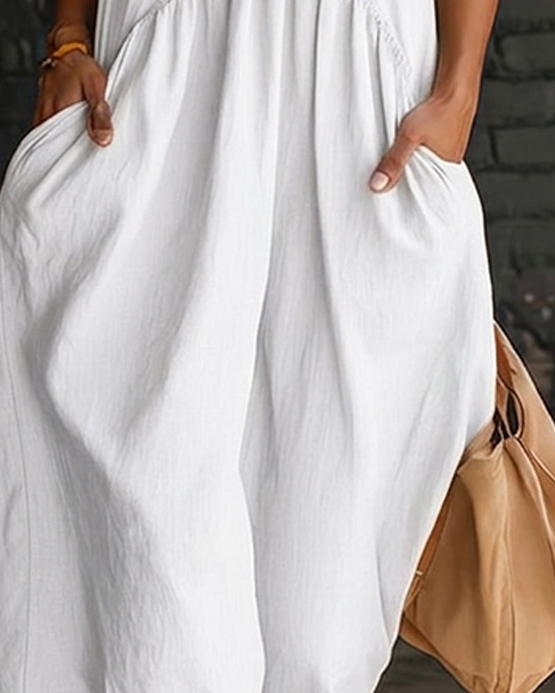 Kjole 100% Bomull Ermløs Ståkrage Ensfarget Maxi