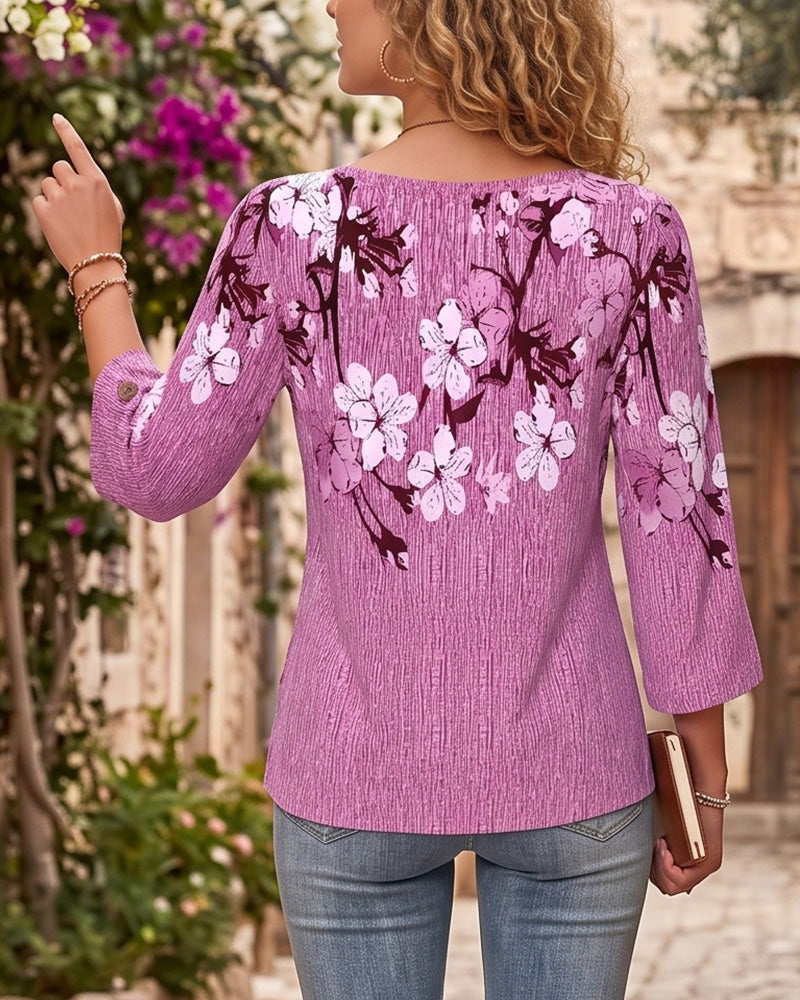 Bluse Rund Hals Blomstret Uregelmessig Albuelang Erme