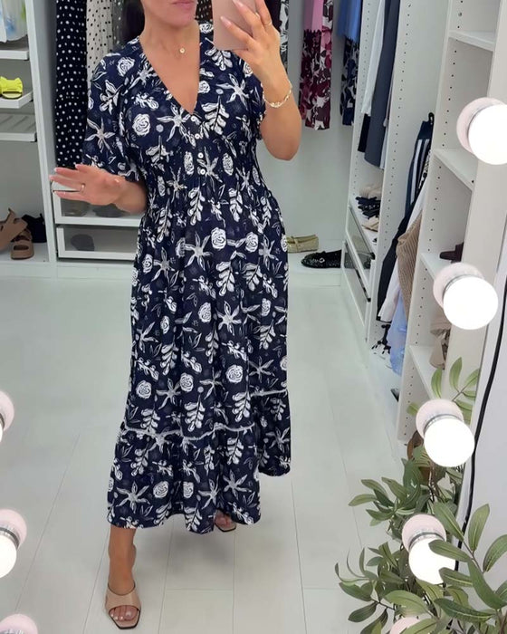 Kjole V-hals Løs Trykt Lang