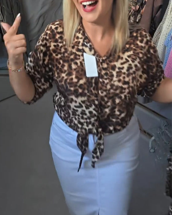 Bluse Snøring V‑hals Leopard