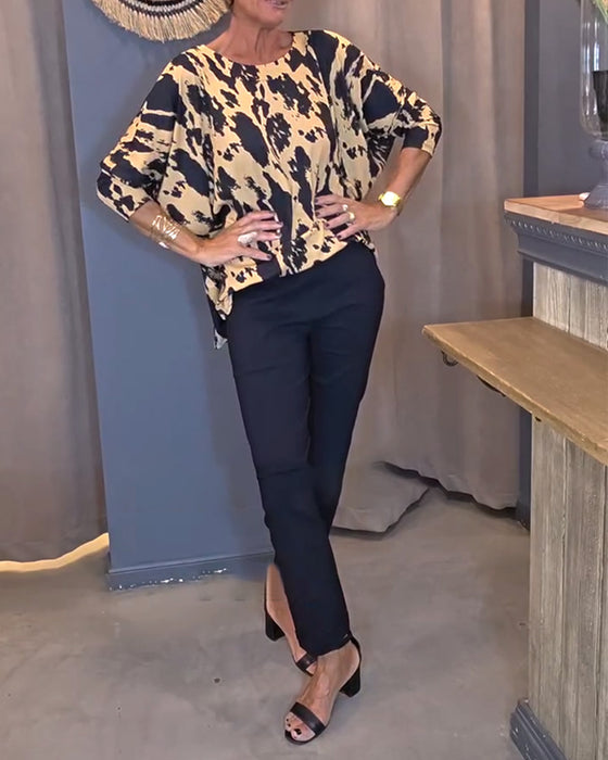 Bluse Rund Hals Trykt Splitt