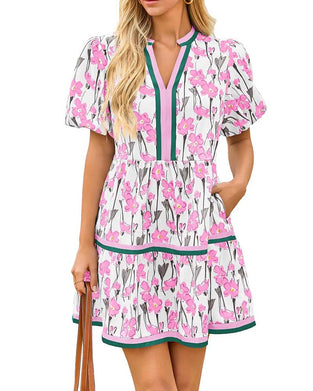 Kjole V-Hals Blomstrende Boble Erme Patchwork