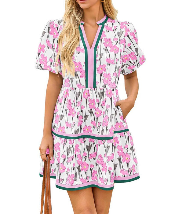 Kjole V-Hals Blomstrende Boble Erme Patchwork