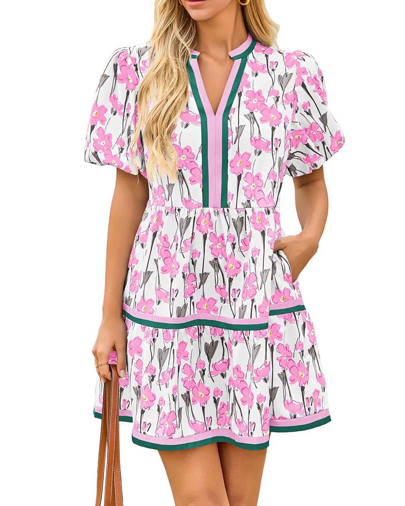 Kjole V-Hals Blomstrende Boble Erme Patchwork