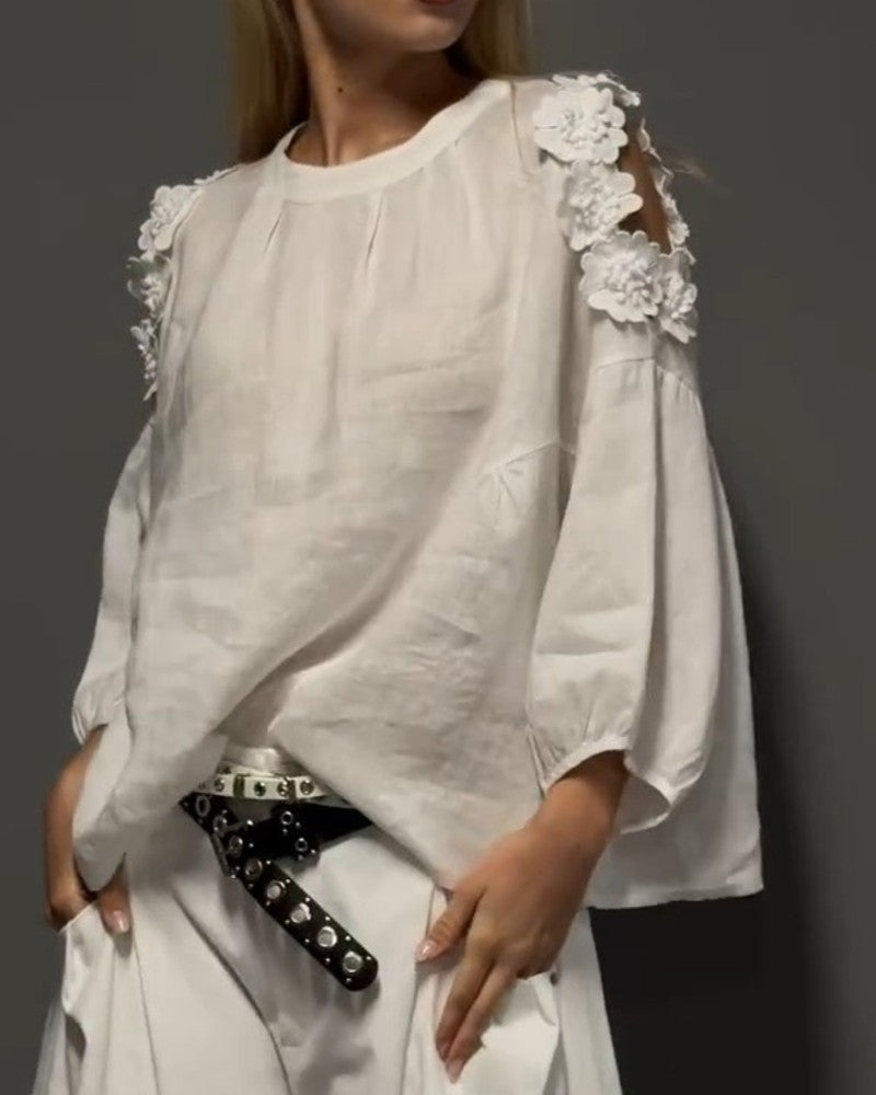 Bluser Rundhals Utskjæring Off-Shoulder 3D Blomstret