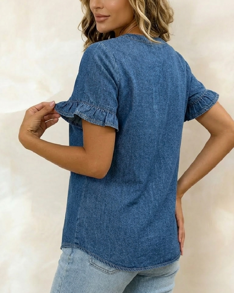 Bluse Denim V-Hals Rysj Kort Erme