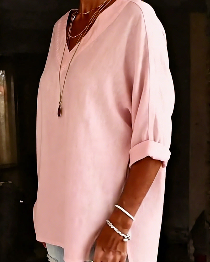 Topp 100% Bomull V-Hals Trekvart Erme Splitt